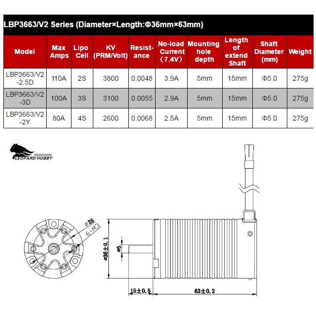 MOTOR BRUSHLESS LEOPAD V2 4P 3663 2600KV EJE5MM