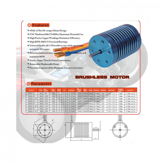 MOTOR BRUSHLESS SURPASS 4POLOS 3650 3300KV EJE3.17