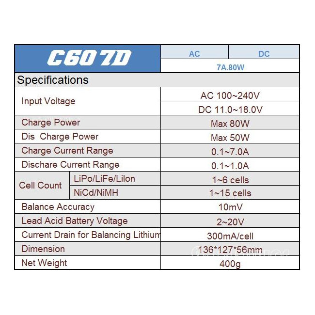 CARGADOR-DESCARGADOR C607D 80W AC/DC DIGITAL UNIVE